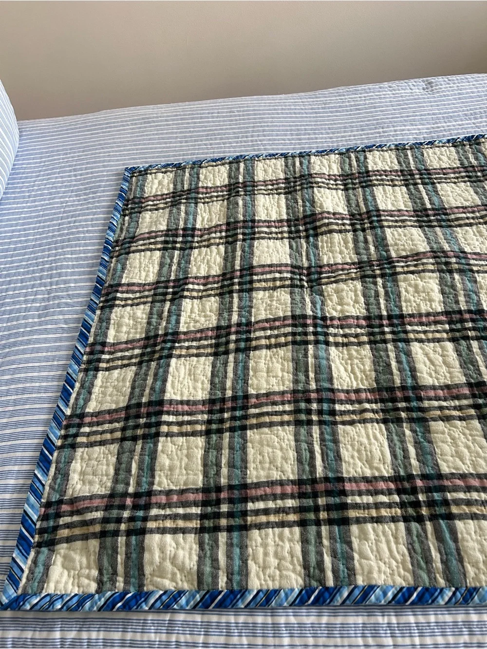 Hand stitched Blue Patchwork Baby Quilt. Size 37”x37”. Freshly laundered, ready
